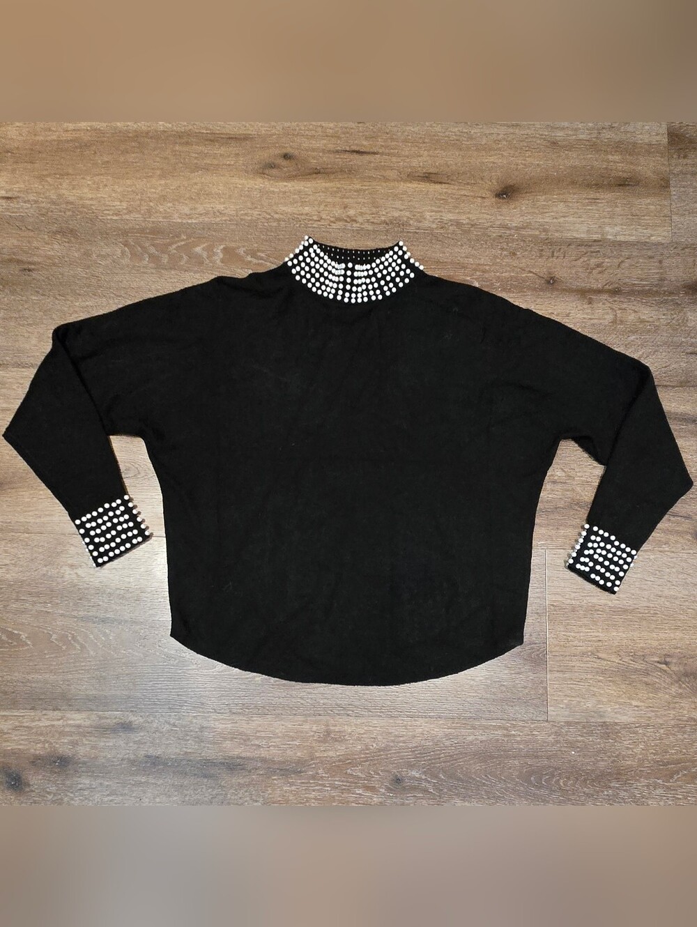 LIV MILANO Black Mock Neck Sweater with Pearl Embellishments - Size S - Picture 2 of 7